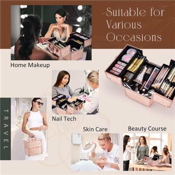 Makeup Train Case Cosmetic Box Portable Makeup Case Organizer 4Trays Travel Case - Picture 4 of 7